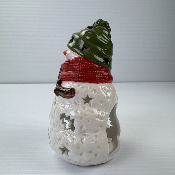 Hallmark Snowman Tealight Candle Holder Ceramic Red Scarf Green Hat Christmas - Picture 9 of 11